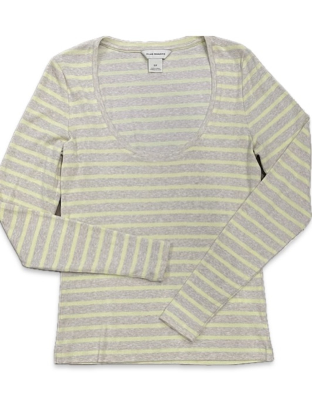 Club Monaco Striped Rib Knit Long Sleeve Scoop Neck Top Grey Yellow Small